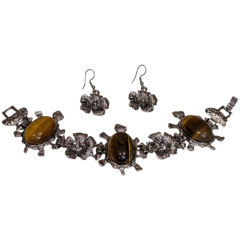 Tigers Eye Sea Turtle And Hibiscus Flower Bracelet And Earrings Set Silvertone